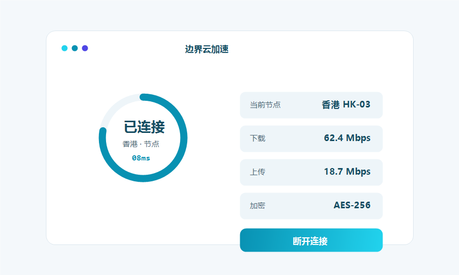 边界云加速客户端主界面，已连接香港节点并显示延迟下载上传速度和加密协议